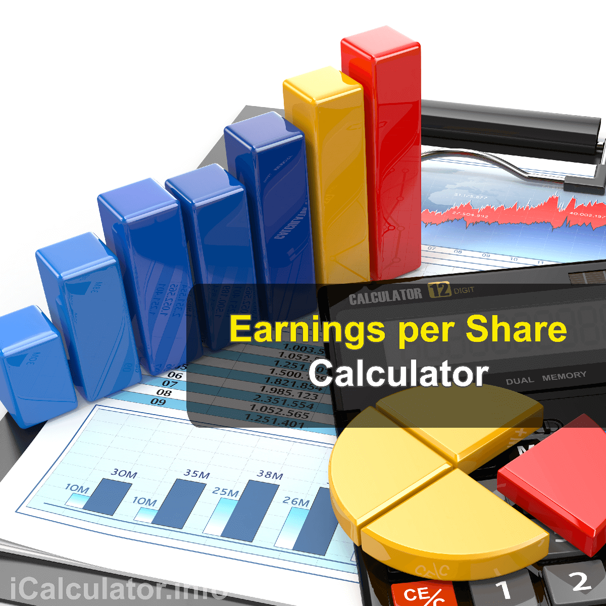 Earnings Per Share Calculator. This image shows a man learning how to calculate earnings per share using a calculator and notepad. By using the earnings per share formula, the EPS Calculator provides a true calculation of company's profit allocation to each share of common stock.
