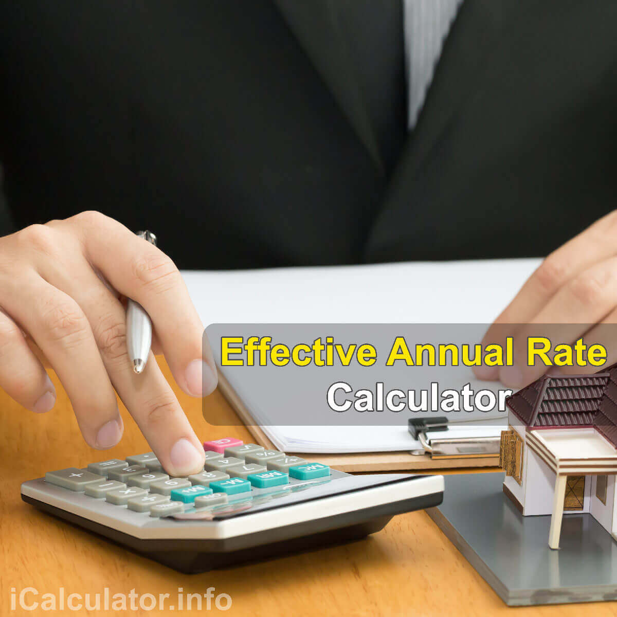 Effective Annual Rate Calculator. This image shows a man learning how to calculate the effective annual rate using a calculator and notepad. By useing the effective annual rate formula, the Effective Annual Rate Calculator provides a true calculation of the interest rate on an investment and/or personal and home loans.
