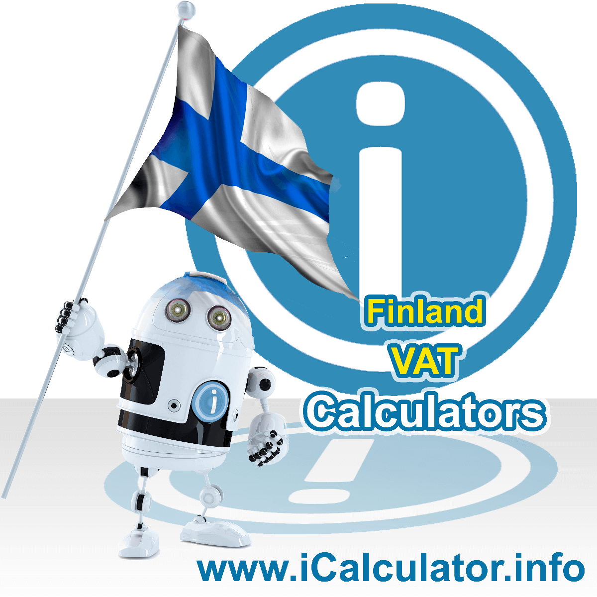 Finland VAT Calculator. This image shows the Finland flag and information relating to the VAT formula used for calculating Value Added Tax in Finland using the Finland VAT Calculator in 2023