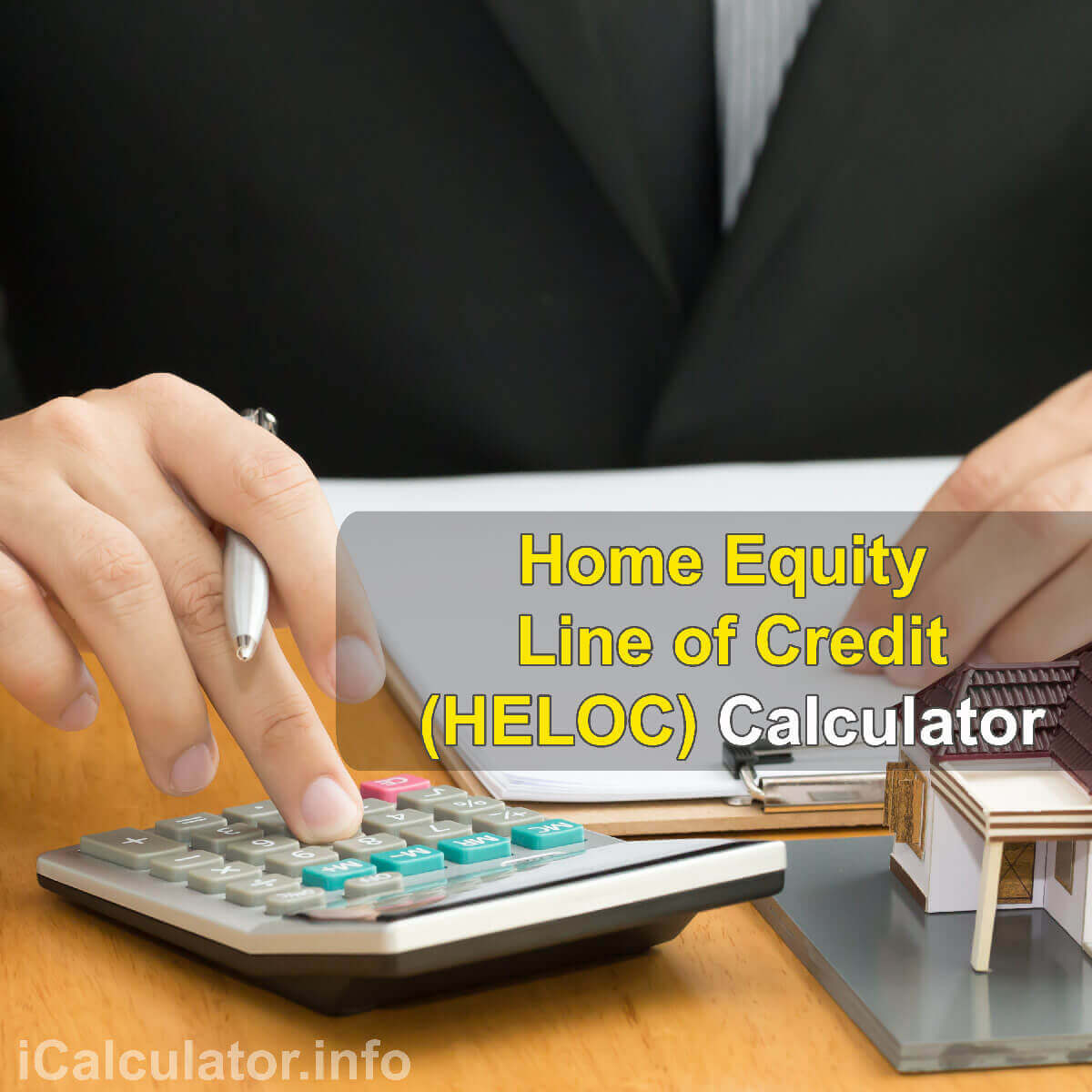 HELOC calculator | Home Equity Line of Credit Calculator. This image provides details of how to Home Equity Line of Credit using a calculator and notepad. By using the rule of home equity line of credit formula, annual interest rate formula and repayments formula, the HELOC Calculator provides a true calculation of the interest rate on a Home Equity Loan.