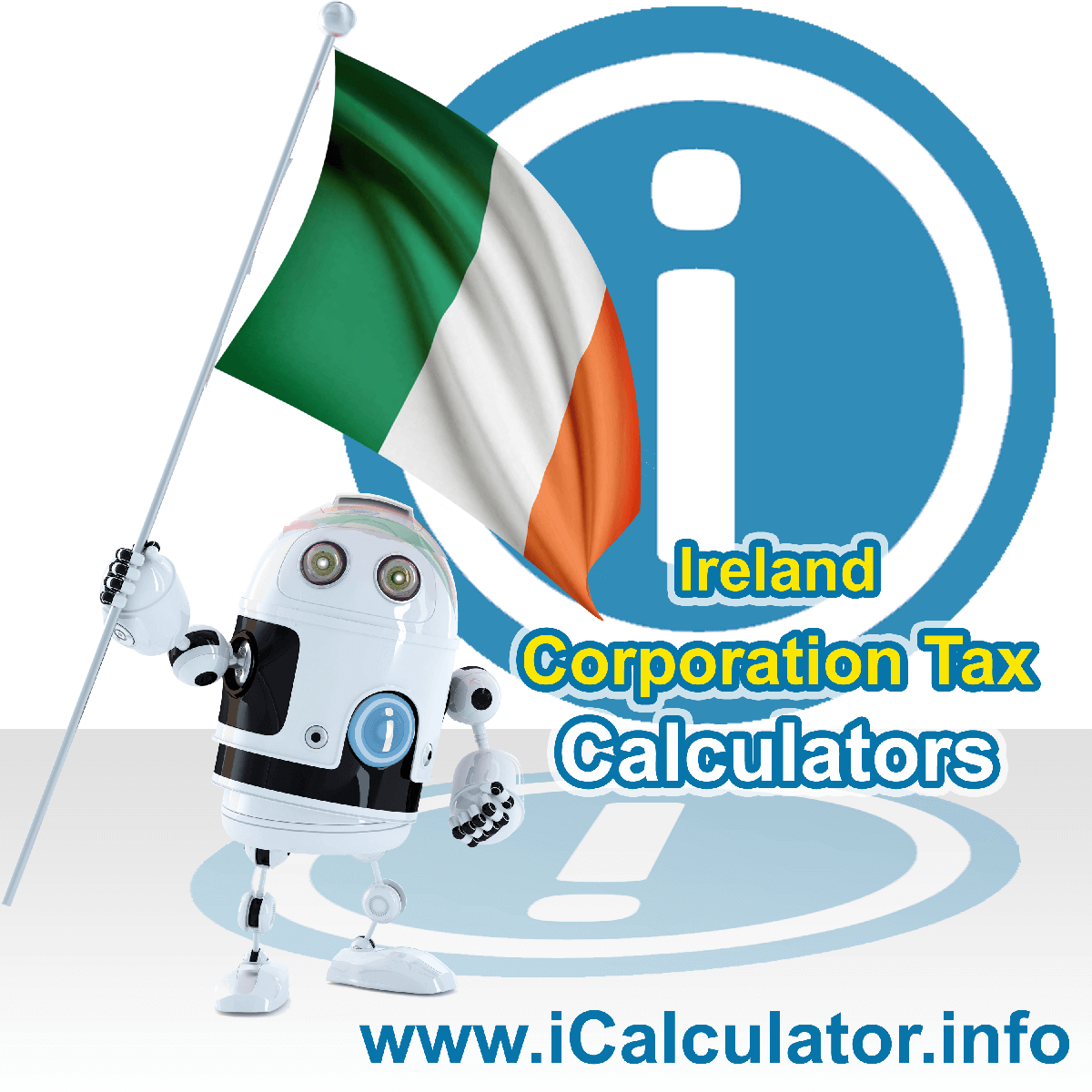Ireland Corporation Tax Calculator. This image shows the Ireland flag and information relating to the corporation tax rate formula used for calculating Corporation Tax in Ireland using the Ireland Corporation Tax Calculator in 2023