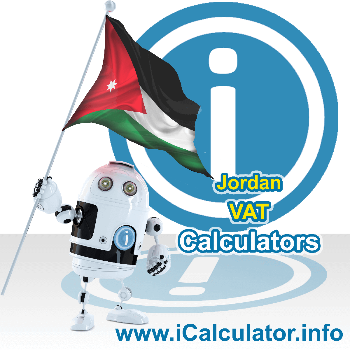 Jordan VAT Calculator. This image shows the Jordan flag and information relating to the VAT formula used for calculating Value Added Tax in Jordan using the Jordan VAT Calculator in 2023