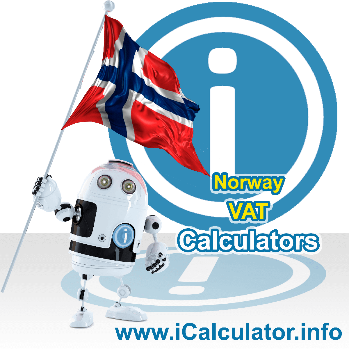Norway VAT Calculator. This image shows the Norway flag and information relating to the VAT formula used for calculating Value Added Tax in Norway using the Norway VAT Calculator in 2023