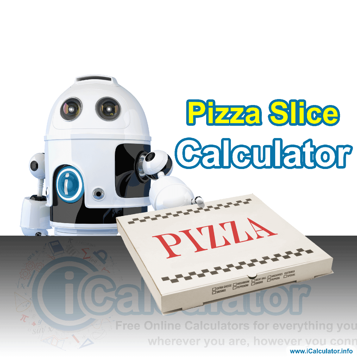 Pizza Calculator. This image shows our pizza delivery robot handing over a delicious large pizza which has been cut into slices after calculating the slices per pizza based on calorie count using the pizza slice forumal and the pizza calculator. 