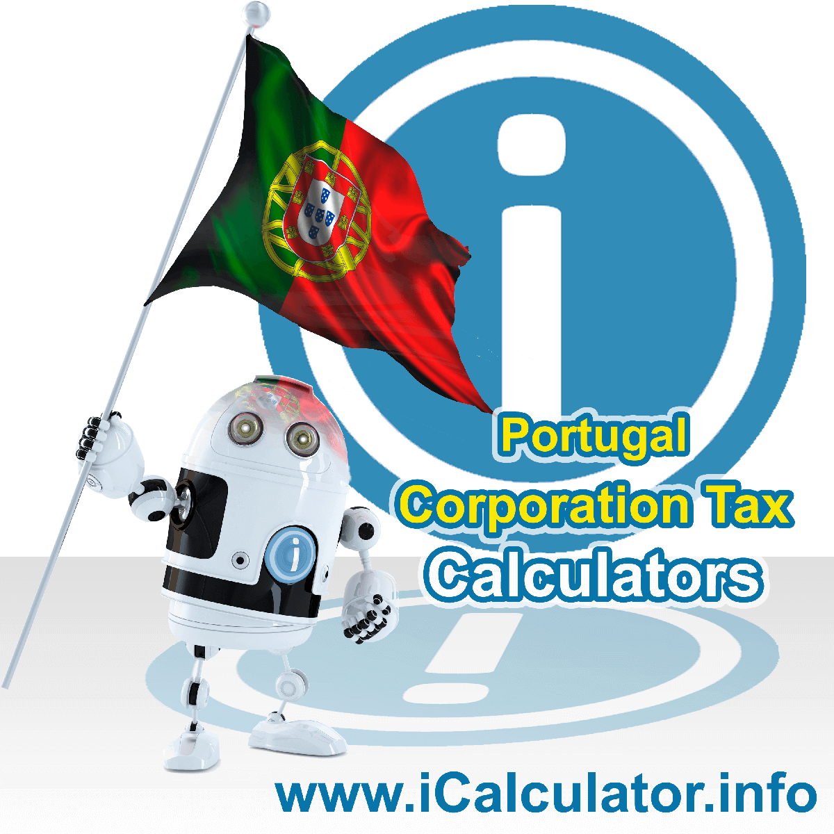 Portugal Corporation Tax Calculator. This image shows the Portugal flag and information relating to the corporation tax rate formula used for calculating Corporation Tax in Portugal using the Portugal Corporation Tax Calculator in 2023