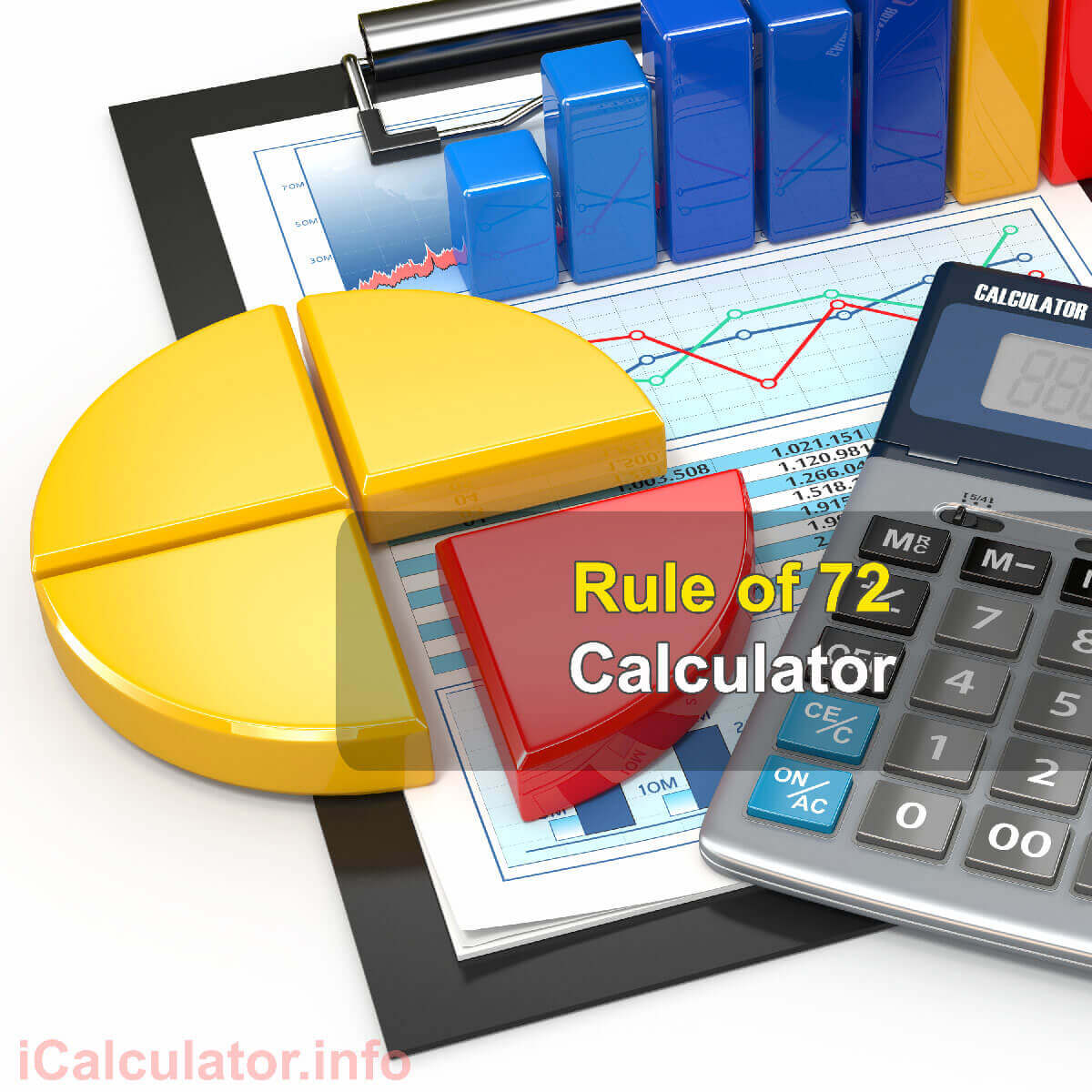 Rule of 72 Calculator. This image provides details of how to calculate the rule of 72 using a calculator and notepad. By using the rule of 72 formula, the Rule of 72 Calculator provides a true calculation of the interest rate on an investment and/or personal and home loans.